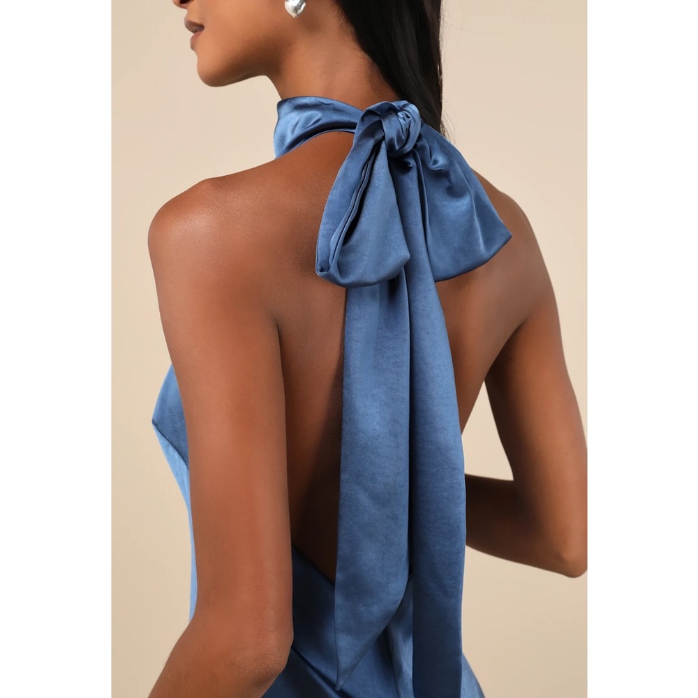 Lulus Exceptional Status Blue Halter Backless Slip Satin Tie-Neck Midi Dress NWT - Picture 4 of 15